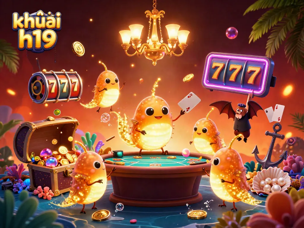 Engage with khuyến mãi h19 at a vibrant casino illuminated by glowworms and exciting game elements.