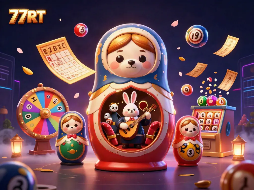 77RT captures vibrant casino excitement with colorful elements and characters in a dynamic scene.