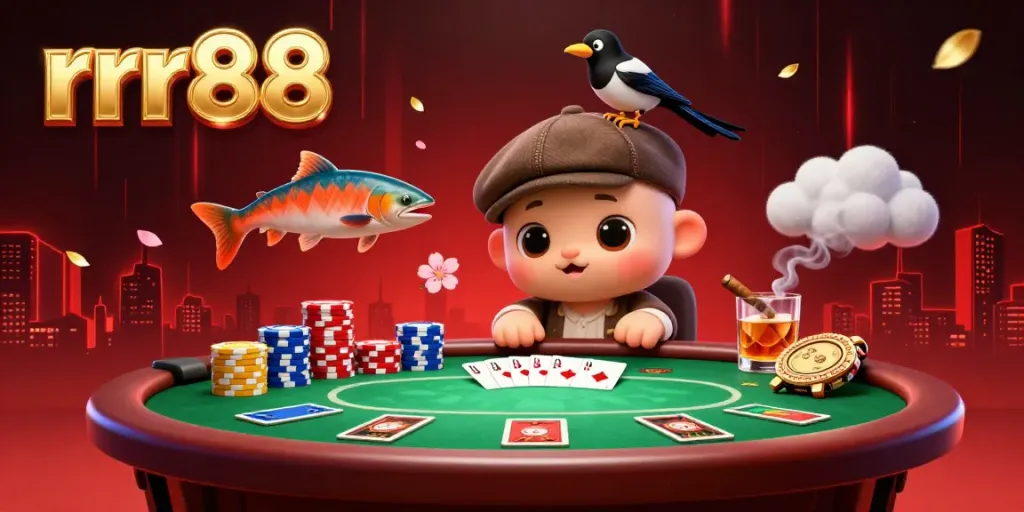 Experience the thrilling world of rrr88 through a vibrant 3D illustration featuring charming characters amidst dynamic poker elements.