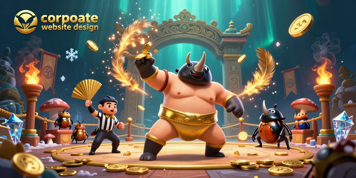 Experience captivating corporate website design with animated beetle champions in a vibrant casino setting.