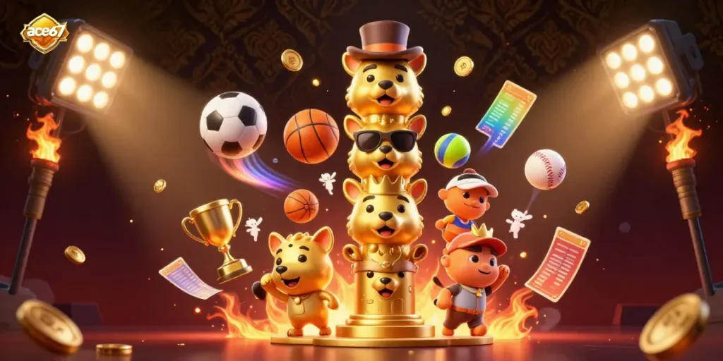 Experience ace67 with a captivating 3D casino scene featuring vibrant sports elements and a golden totem pole.