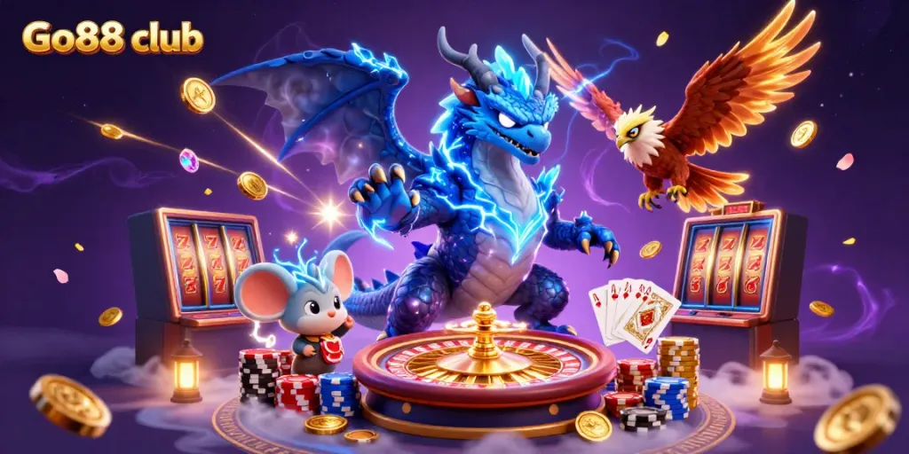 Experience the Go88 club's electrifying gaming scene with a thunder dragon and dynamic casino elements.