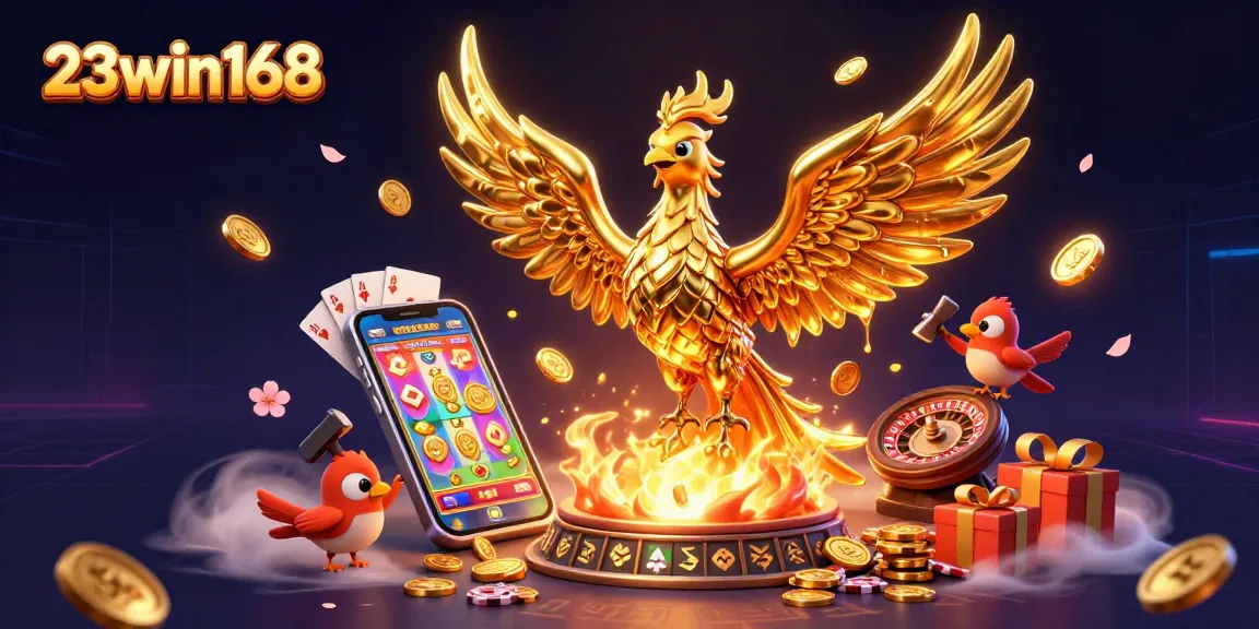 Experience the thrill of 23win168 with a vibrant golden phoenix amidst captivating casino elements.