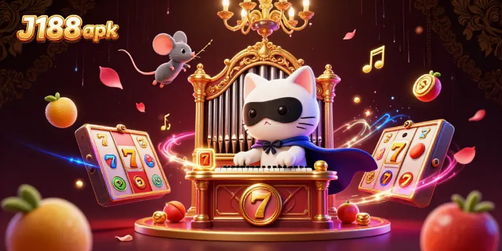 Join the excitement with J188 apk while spinning slot reels in a vibrant, dynamic casino scene.