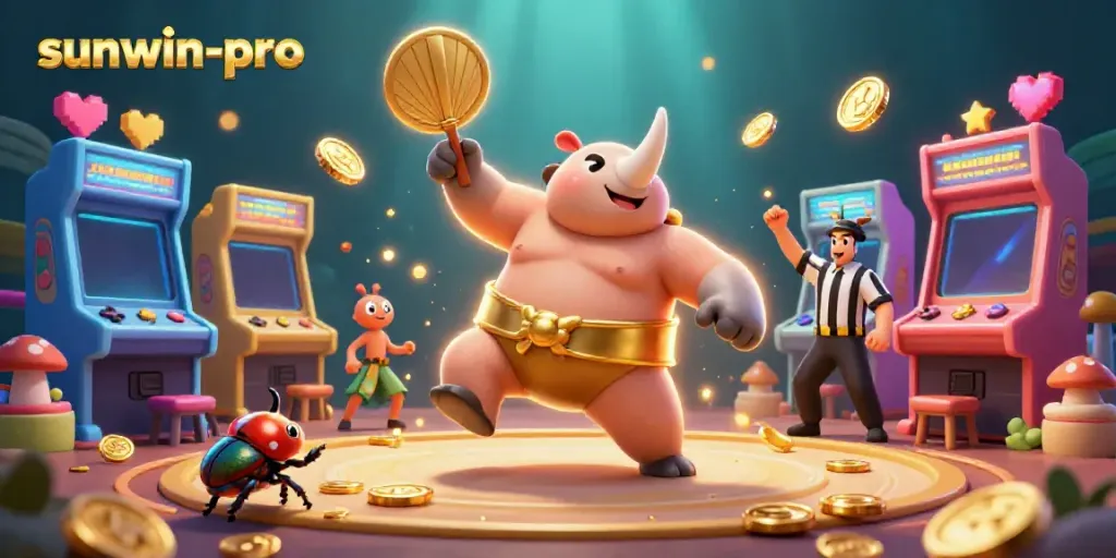 Catch the energetic scene with sunwin-pro as the beetle champion stomps coins, while a referee cricket officiates.