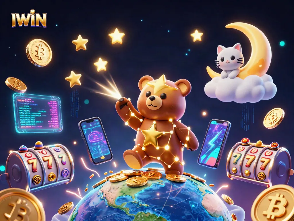 IWIN engages players with vibrant 3D casino elements, featuring golden stars and crypto coins