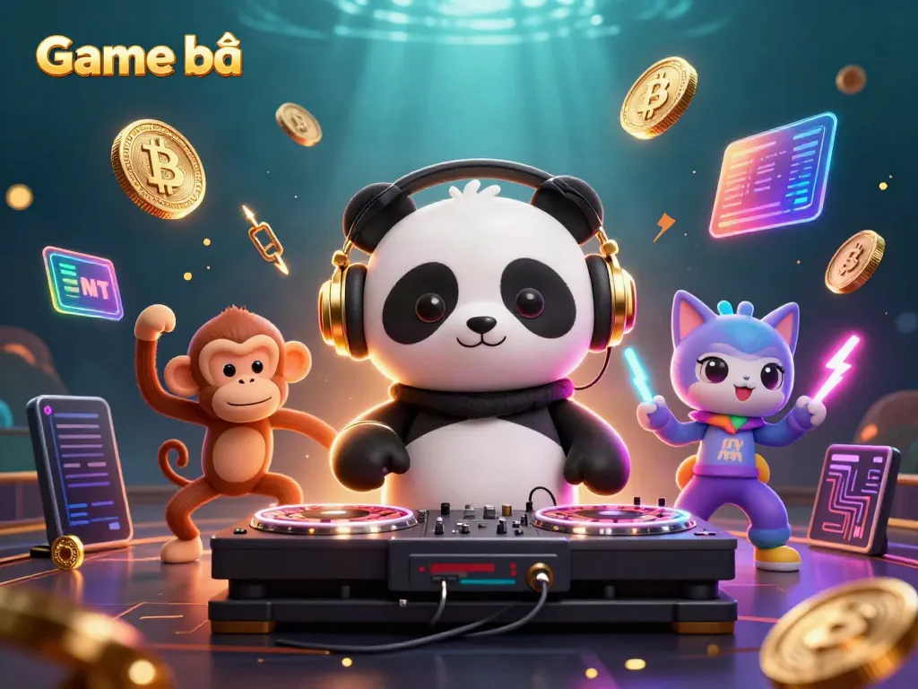 Engaging illustration showing Game bài characters like a DJ panda and a dancing monkey with crypto elements