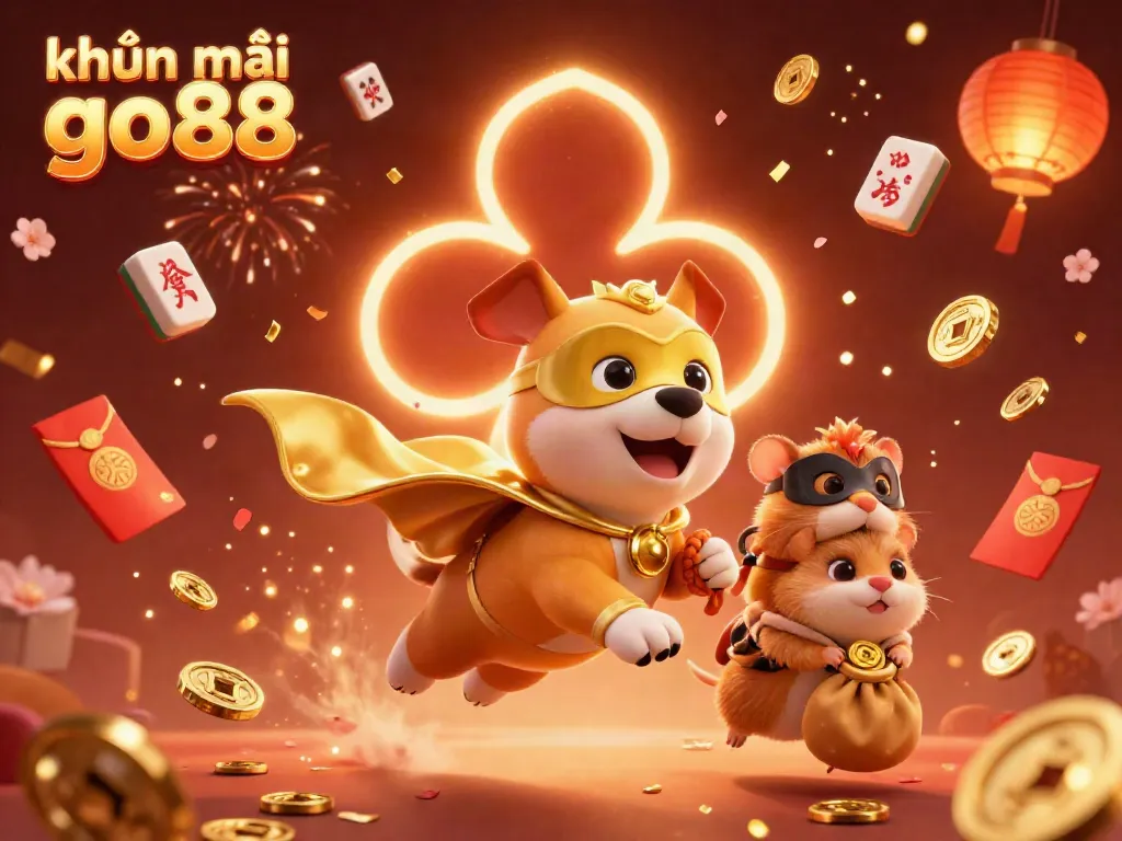 Experience khuyến mãi go88 with a vibrant 3D illustration of a superhero dog and hamster amidst golden celebration elements.
