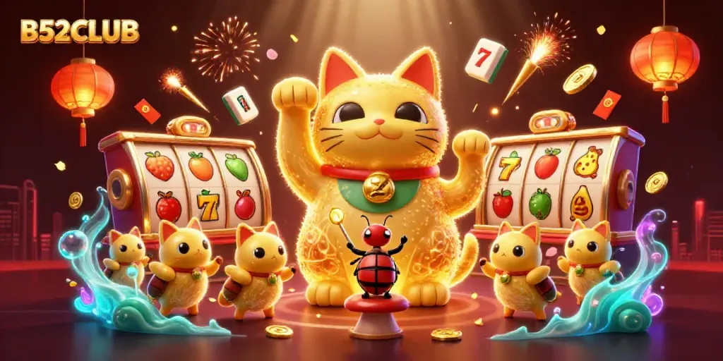 B52CLUB brings together luck and excitement with a giant lucky cat made of golden fireflies revealing spectacular casino symbols.