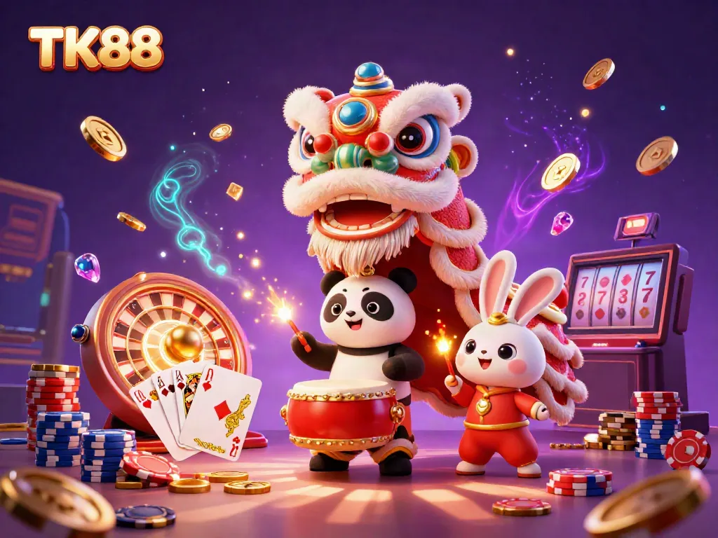 TK88 showcases an exciting scene with vibrant lion dance and casino elements, attracting gamblers with thrilling visuals.