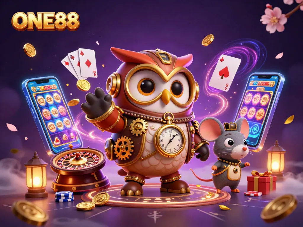 Immerse in ONE88's vibrant casino world with a time-traveling owl amidst golden coins and dynamic games.