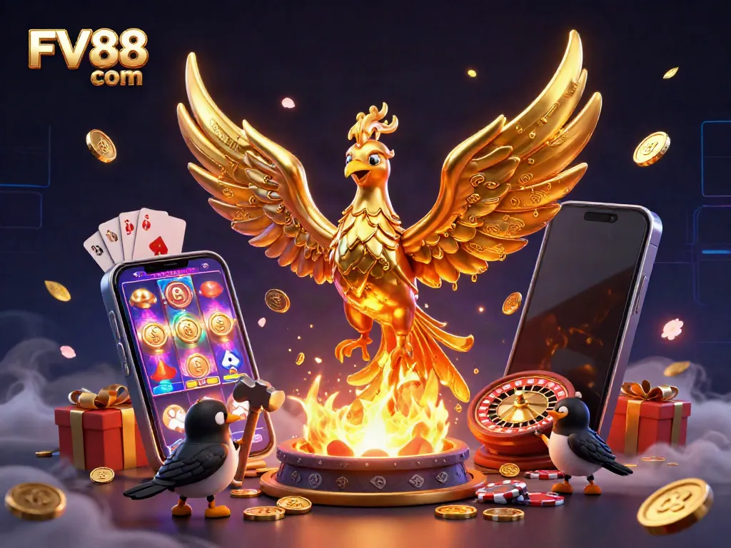 Experience the excitement of FV88 com with a dynamic 3D gold phoenix and casino games illustration.