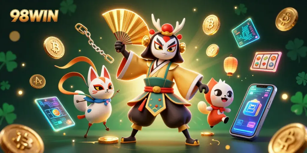 Experience thrilling gameplay with 98WIN while immersing in colorful slots and crypto elements.