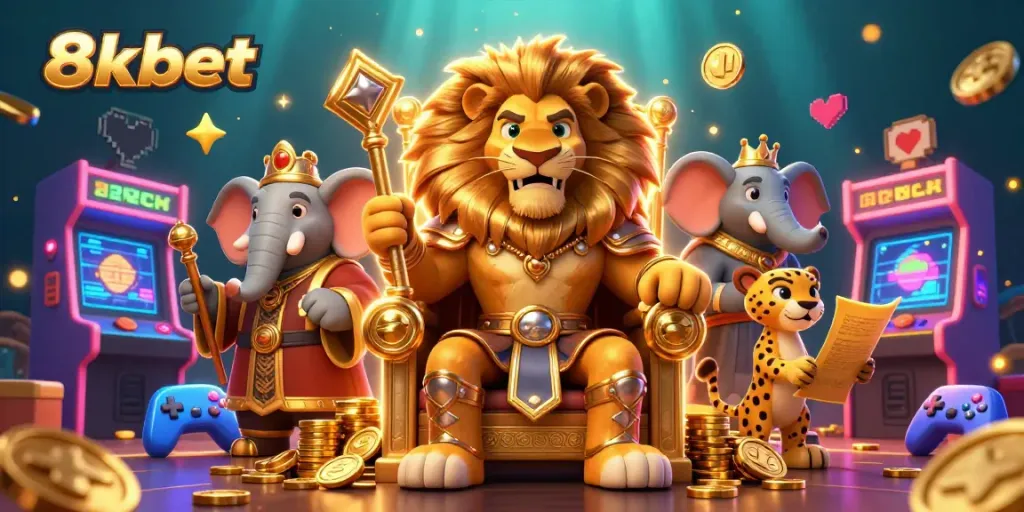 Experience thrilling adventures with 8xbet through colorful casino illustrations featuring majestic characters.
