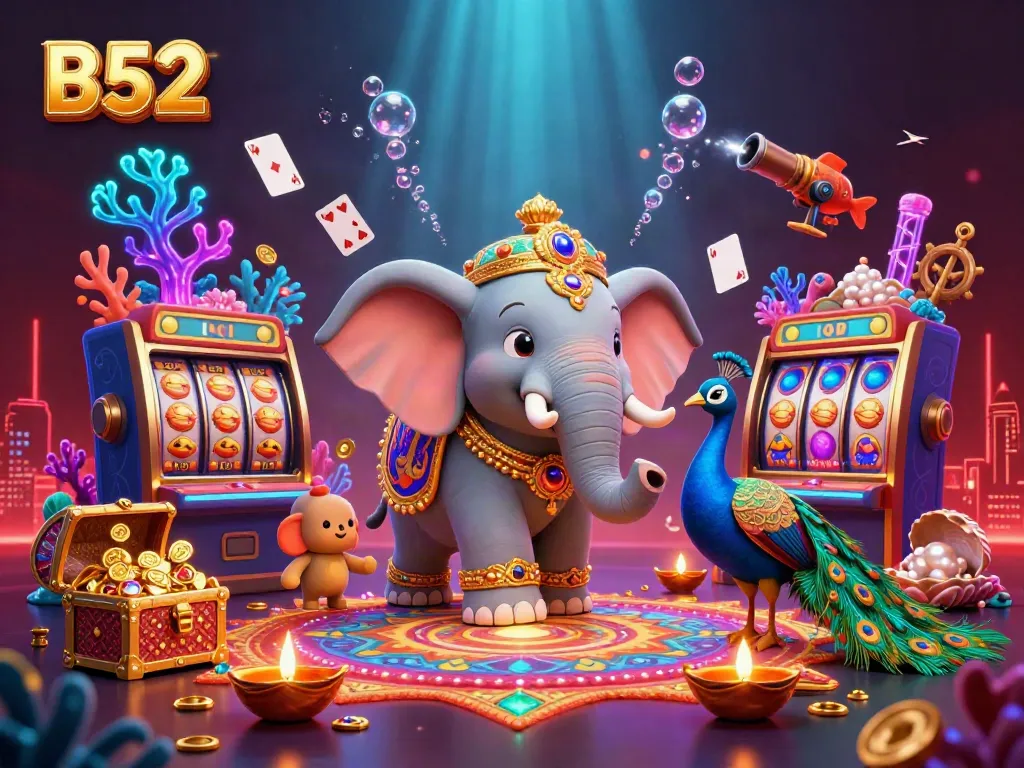 B52 casino slot scene with a Diwali-themed elephant and peacock amidst glittering treasures.