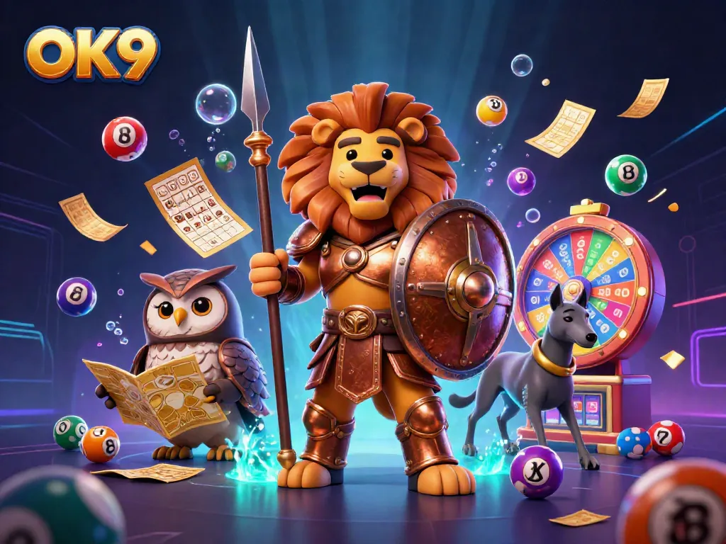 Experience exciting gaming action at OK9 with a Spartan lion, tactical owl, and greyhound, surrounded by dynamic lottery elements.