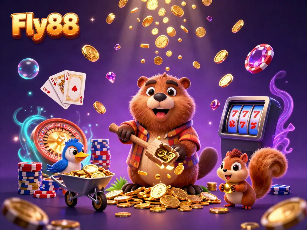 Fly88 showcases a dynamic scene with a beaver gathering gold coins, perfect for online gaming excitement.
