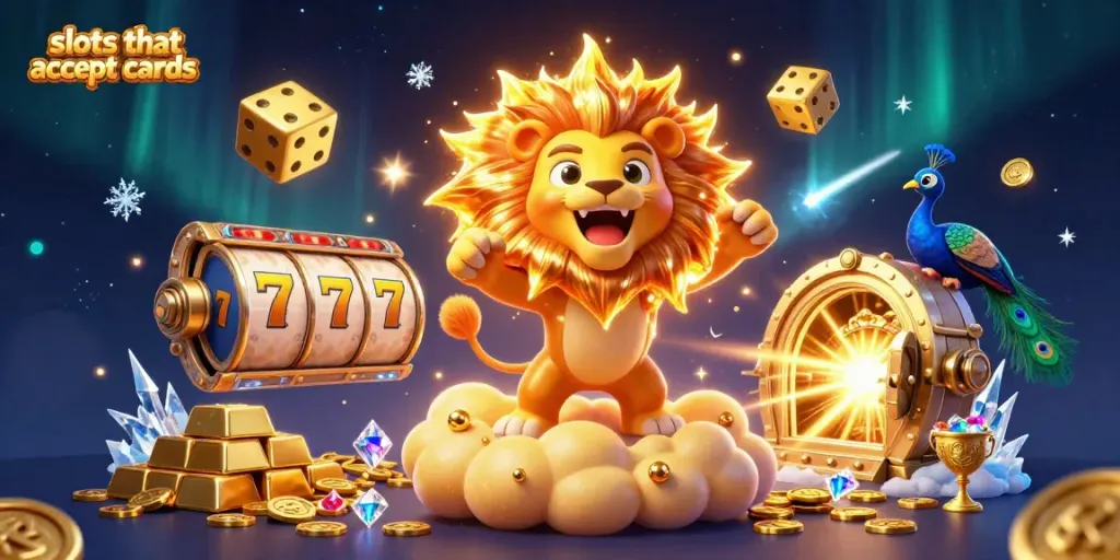 Experience the excitement of slots that accept credit cards with a vivid 3D casino scene, featuring a roaring lion and dynamic gameplay.