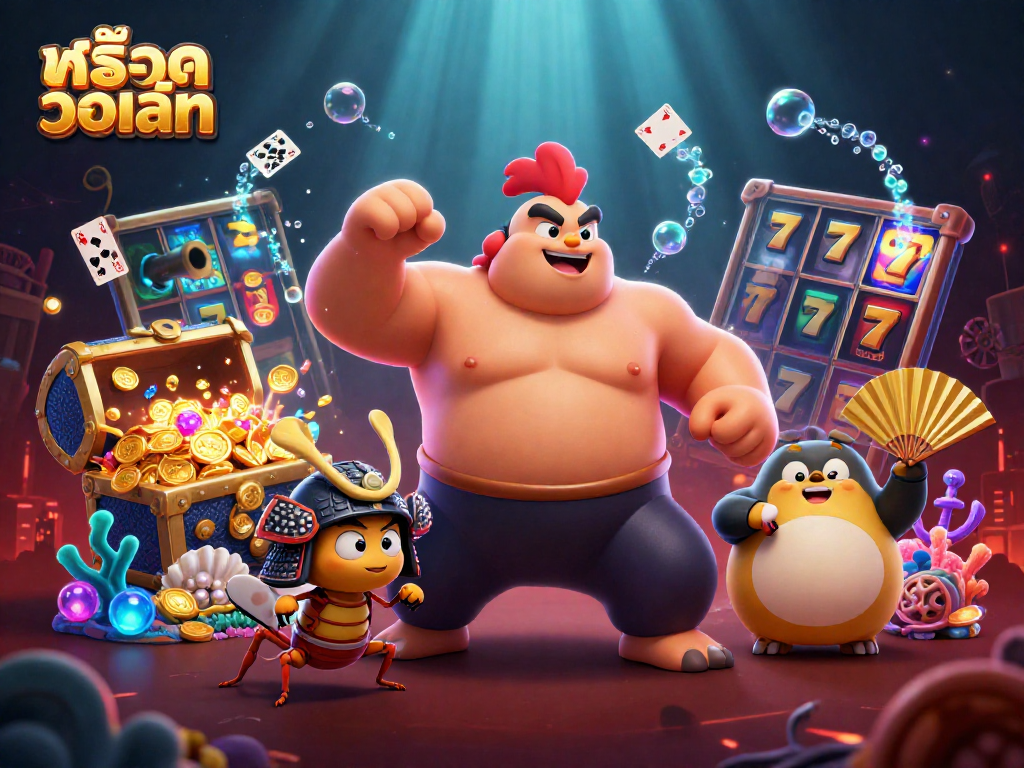 Experience the thrilling world of สล็อตวอเลท as a powerful sumo rooster and a fierce cricket battle in a vibrant casino scene filled with treasures.