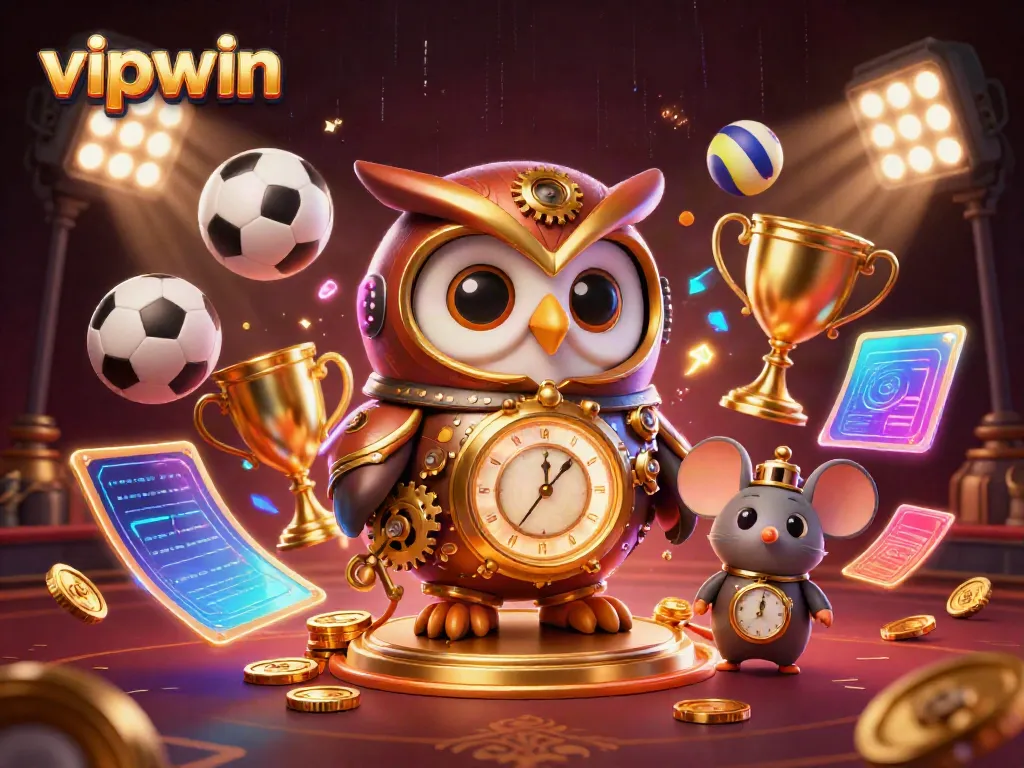 Experience thrilling gaming at vipwin with a stylish cartoon owl and dynamic sports elements in a vibrant casino scene.