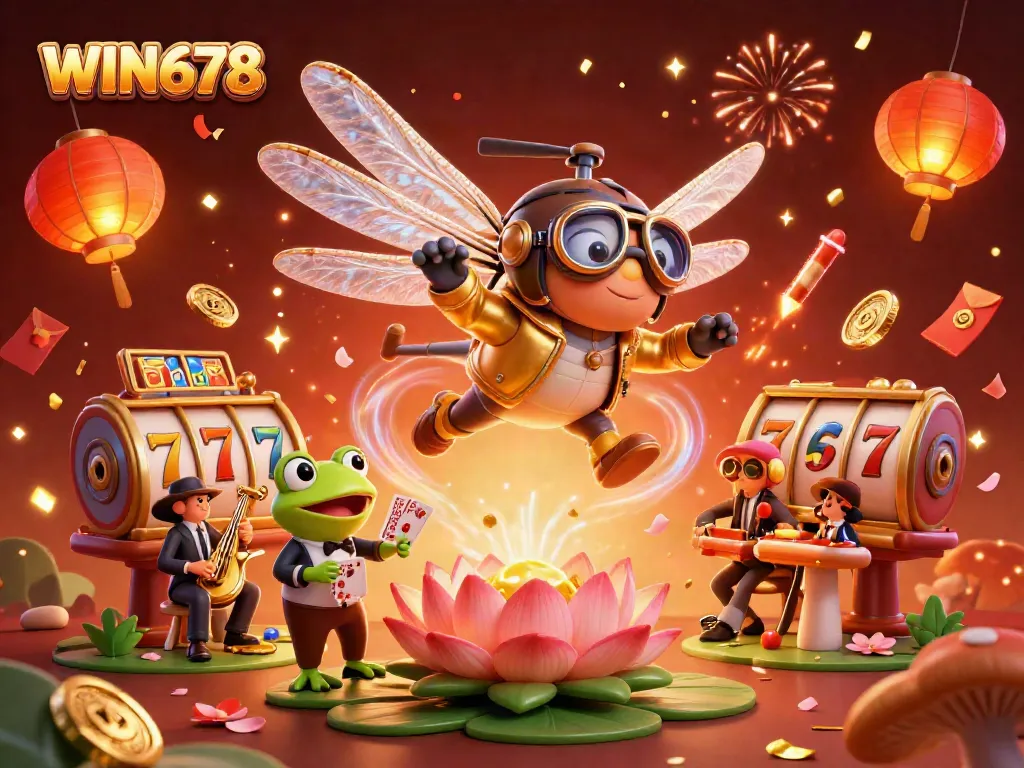 Experience the excitement at WIN678 with a vibrant casino scene featuring a dragonfly pilot, frog croupier, and jazz-playing crickets.
