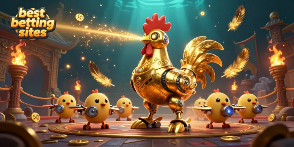 Experience the excitement of the best betting sites with a dynamic 3D casino scene featuring a golden robot and baby drones.