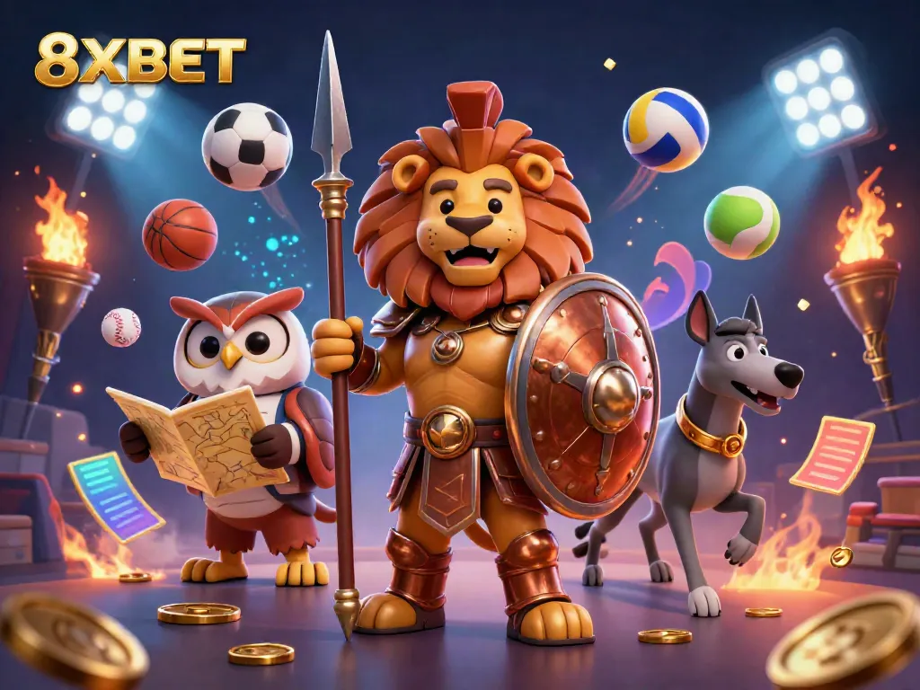 Experience the excitement of 8XBET with a dynamic scene featuring a Spartan lion and tactical owl amidst vibrant sports elements.