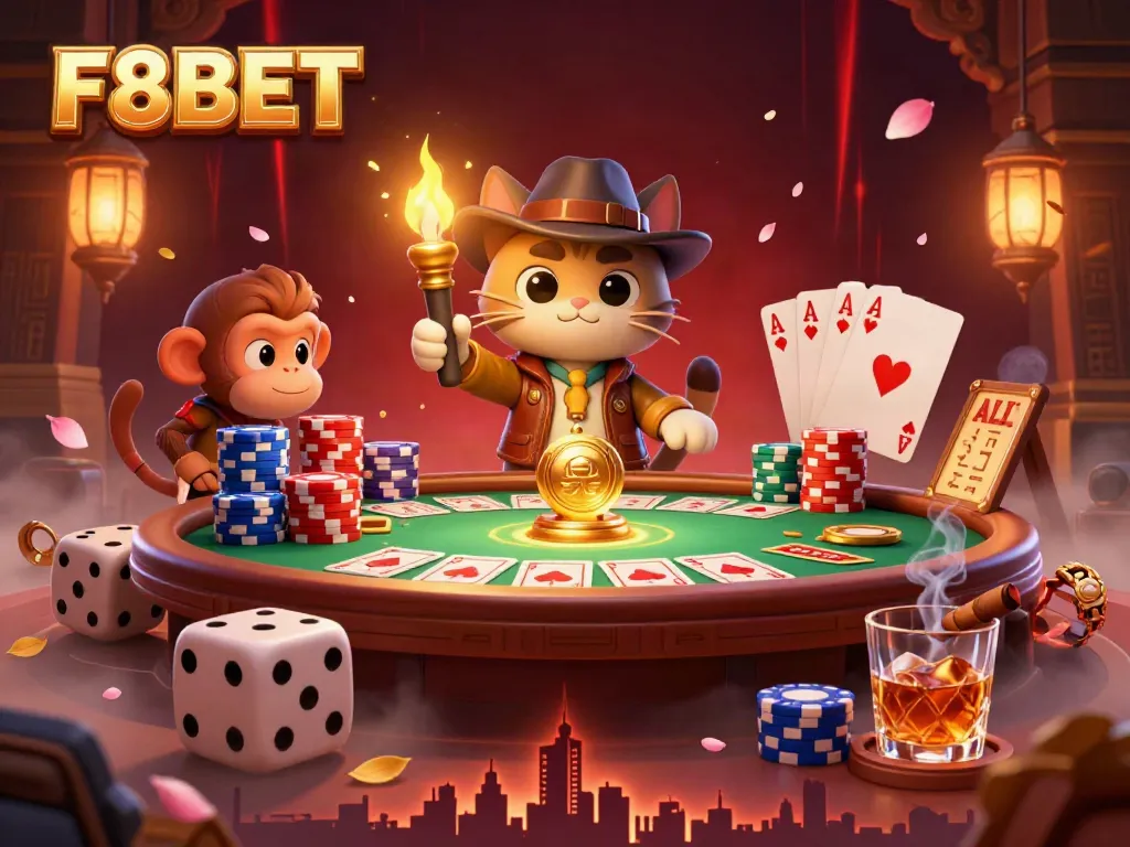 Engage with F8BET as the archaeologist cat uncovers golden casino treasures in an ancient temple.