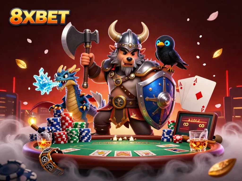 Experience the thrill of 8XBET with a vibrant cartoon scene depicting heroic characters engaging in a poker game.