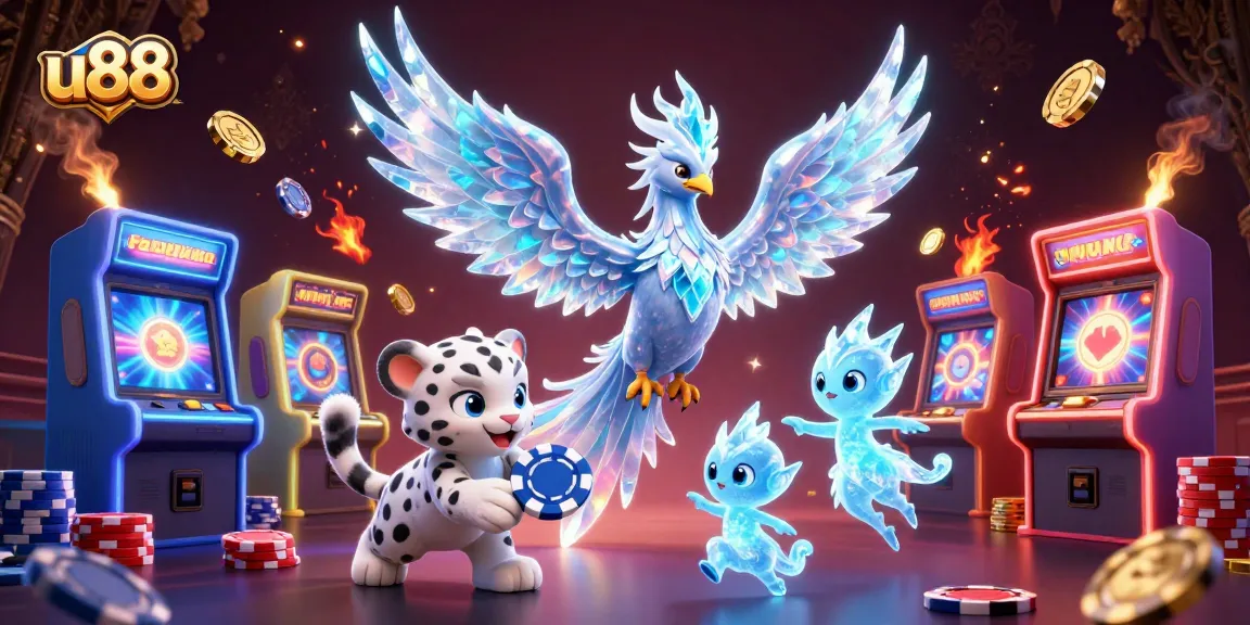 Experience thrilling gameplay at u88 with a dynamic scene of colorful 3D gambling elements and characters.