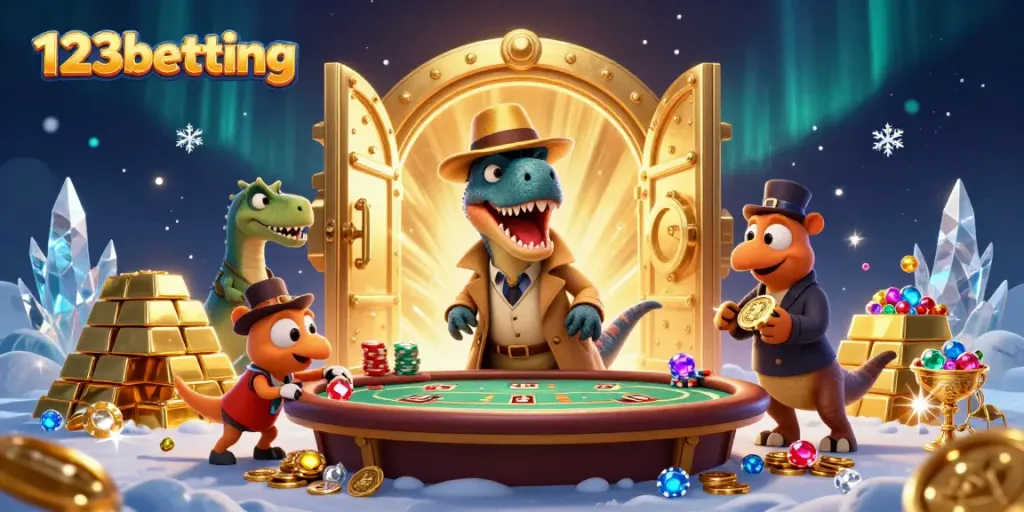 123betting's entertaining scene with a velociraptor card counter and rich casino elements.