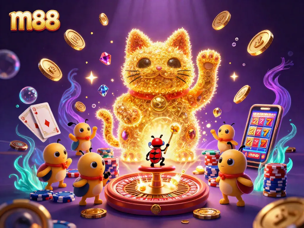 Experience the excitement of m88 with a lucky cat illustration among casino symbols and dynamic game elements.