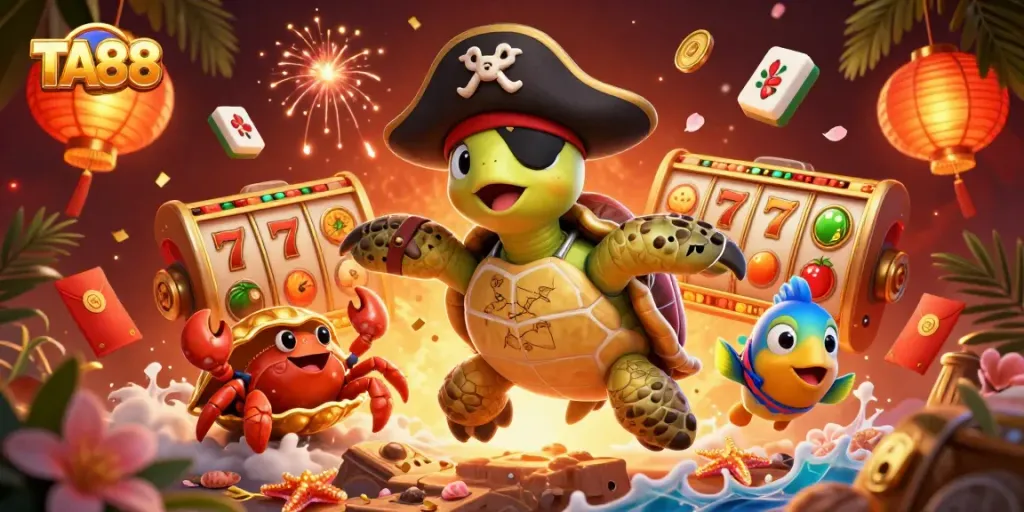 Engage with TA88's vibrant gaming world as cartoon characters celebrate above a jackpot.