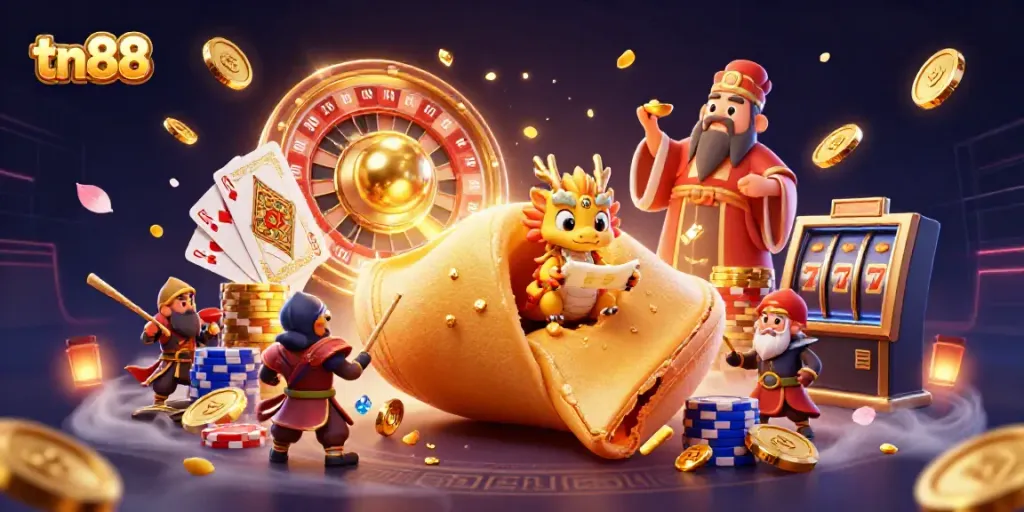 Engage with tn88 casino's vibrant world, featuring golden characters and dynamic gambling elements.