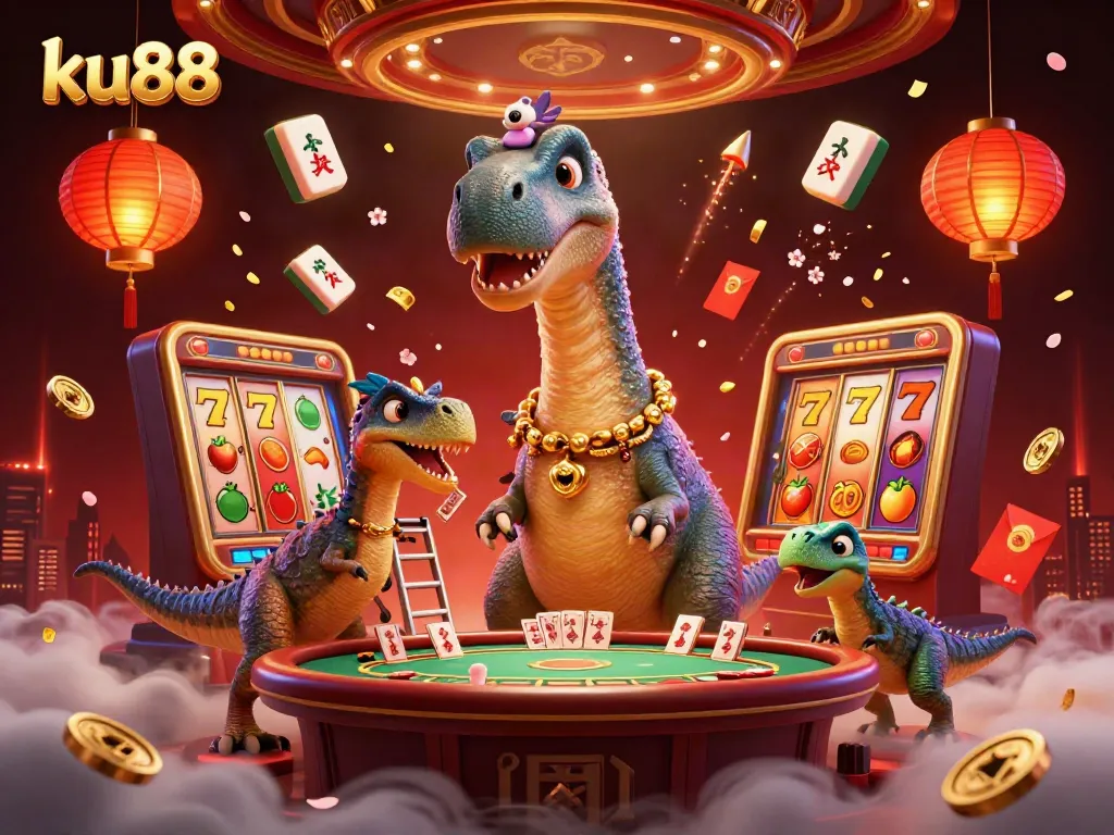 ku88 casino illustration featuring a brontosaurus and a raptor amidst vibrant gaming elements.