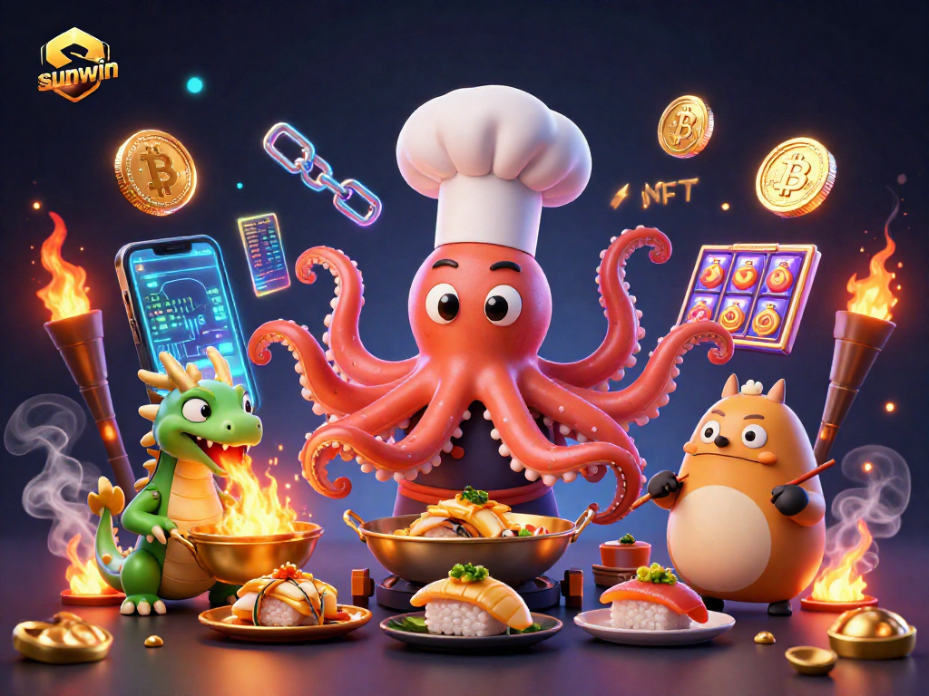 Experience thrilling gameplay with sunwin as the sushi chef octopus serves golden dishes in a vibrant casino.