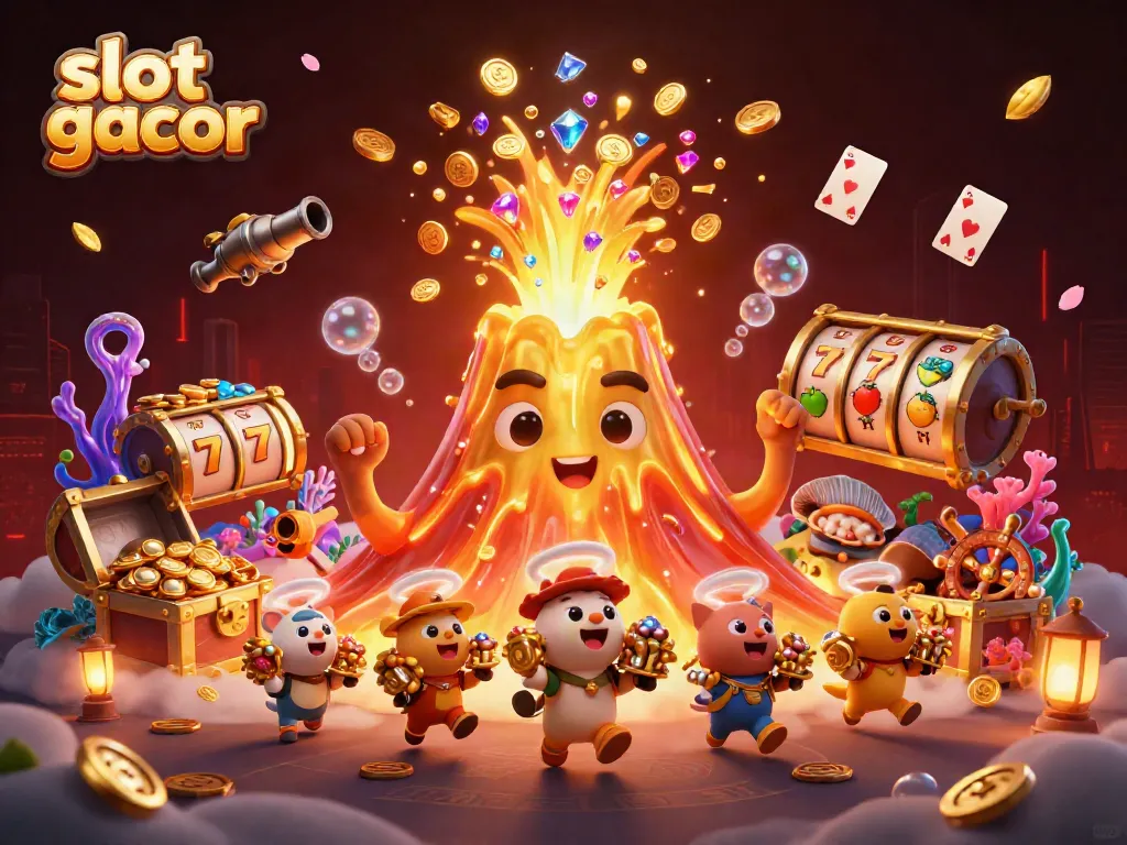 Experience slot gacor excitement with a golden volcano erupting treasures in a vibrant 3D scene.