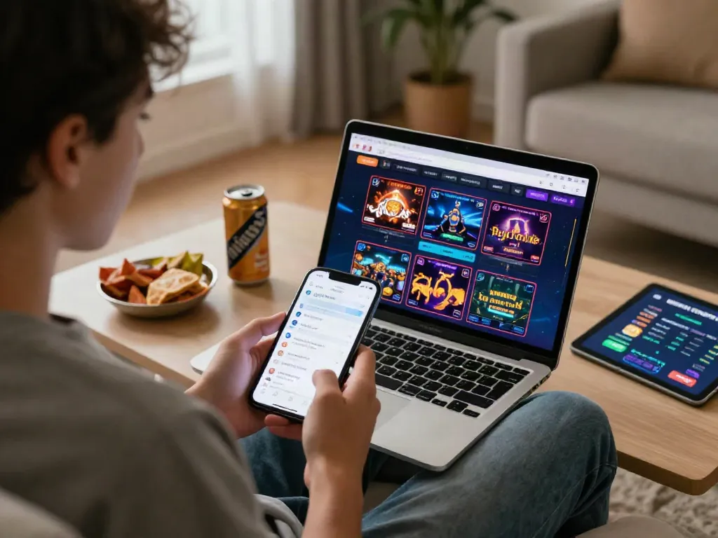 Engaged user exploring the link 78win mobile betting platform in a cozy living room setting.