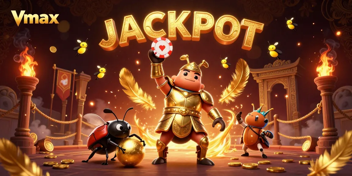 Win with Vmax in the exciting casino atmosphere, as a heroic beetle lifts a poker chip in triumph.