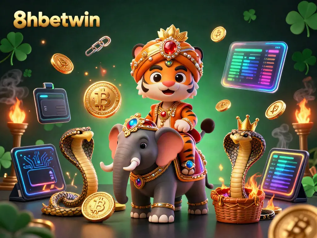 An engaging scene with a 3D cartoon Indian maharaja tiger, elephant, and cobra, capturing the excitement of 8xbetwin.