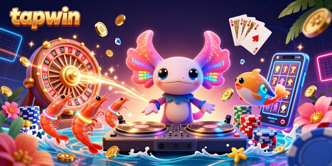 Experience the thrilling tapwin entertainment with a neon-colored axolotl DJ and dancing marine characters surrounded by vibrant casino elements.