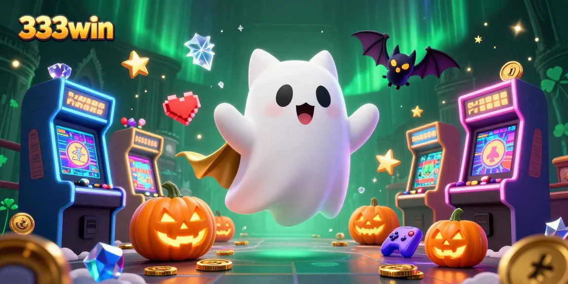 Engage with 333win in this illustrated scene showcasing a ghost cat and bat in a vibrant casino setting.