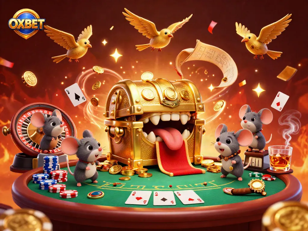 Experience OXBET's live casino excitement with dynamic poker and roulette elements in a vibrant 3D scene.
