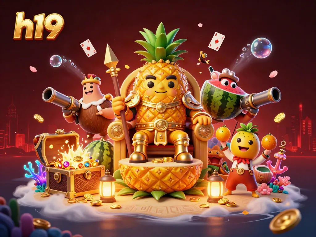 Engage with h19's vibrant casino world, featuring a golden pineapple king and coral treasures.