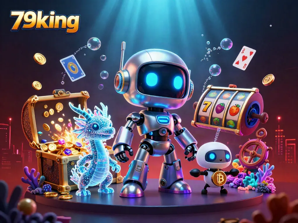 Engaging 79king casino scene depicting a cyberpunk robot with a dragon and bitcoin drone amidst vibrant game elements.