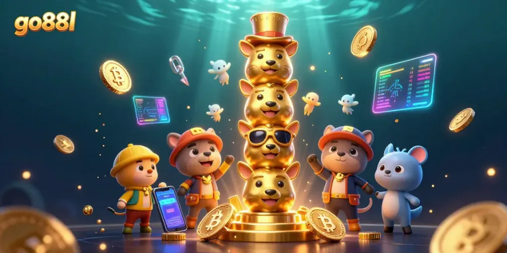 Go88l showcases vibrant casino elements with cryptocurrency coins and animations.