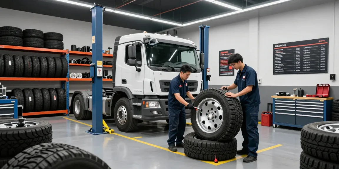 Mechanics servicing commercial trucks with Double Coin RR99 tires in a professional workshop setting.
