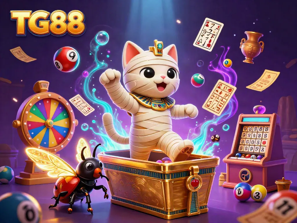 Engage with the excitement at TG88, featuring a mummy cat and a scarab beetle in a vibrant casino.