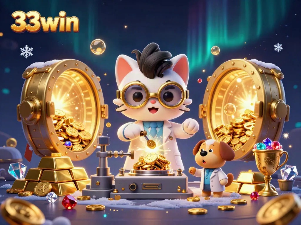 Experience the excitement of 33win casino games in a lively 3D scene featuring a mad scientist cat and dog.