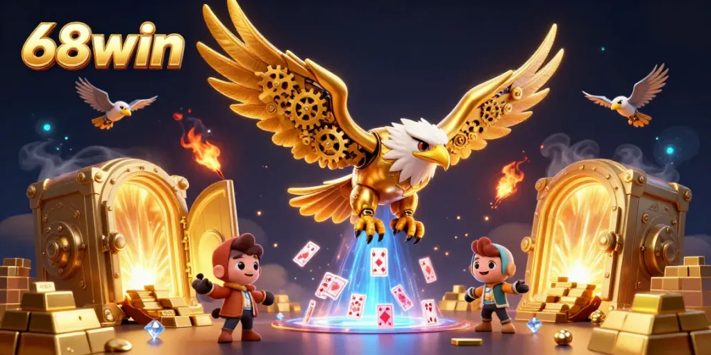 Experience thrilling gaming action with 68win as a cybernetic golden eagle soars through a treasure-filled casino.